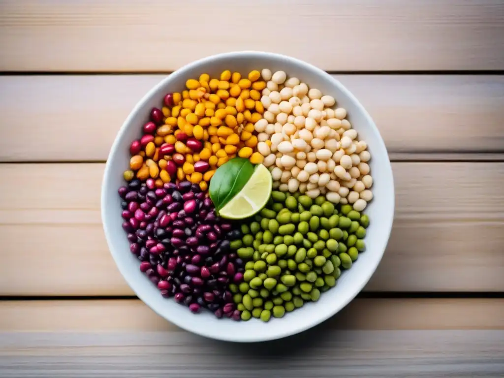 Una variedad colorida de legumbres en un patrón circular sobre una mesa de madera clara