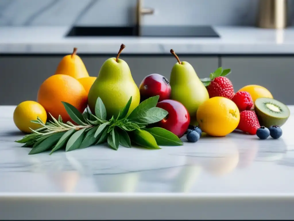 Variedad de frutas y hierbas frescas sobre mármol blanco, resaltando su belleza natural