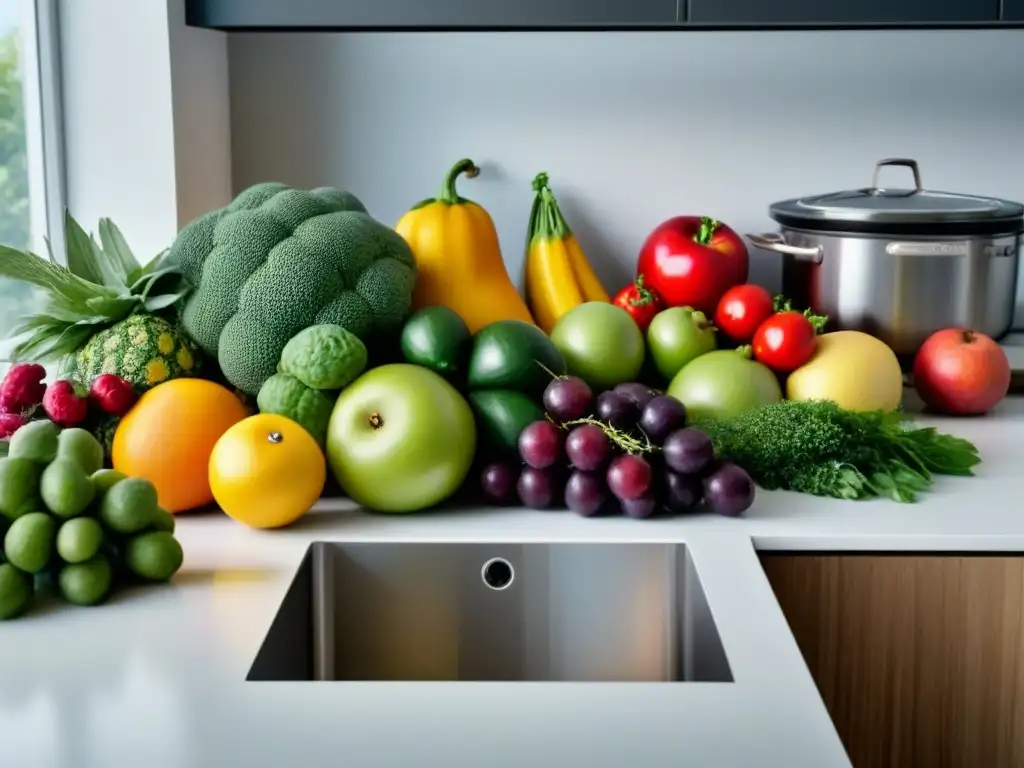 Una variedad de frutas y verduras frescas organizadas en una cocina moderna, transmitiendo abundancia y frescura