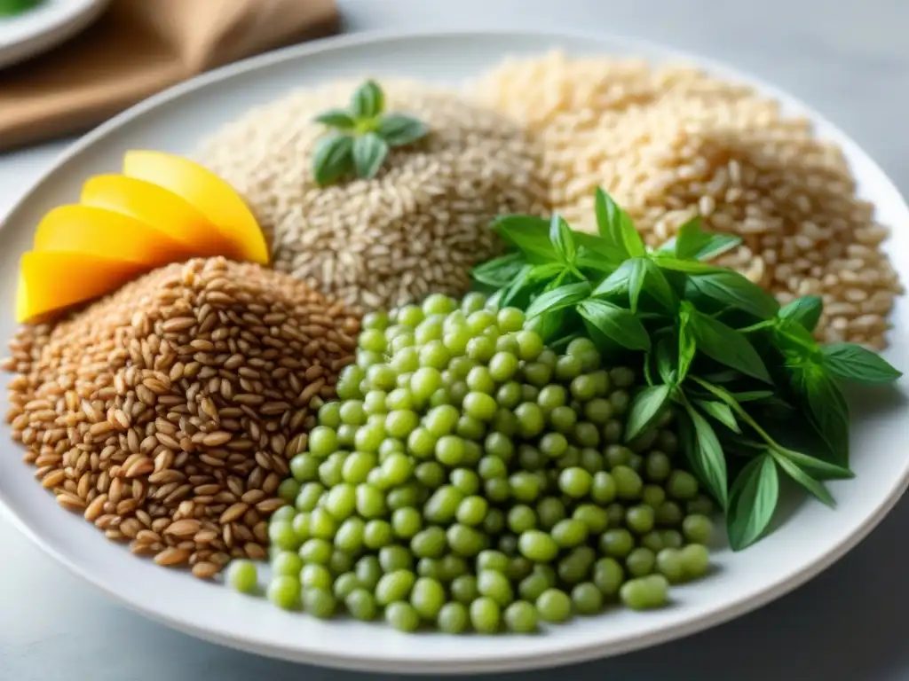 Una variedad de granos integrales coloridos y frescas hierbas en un plato blanco