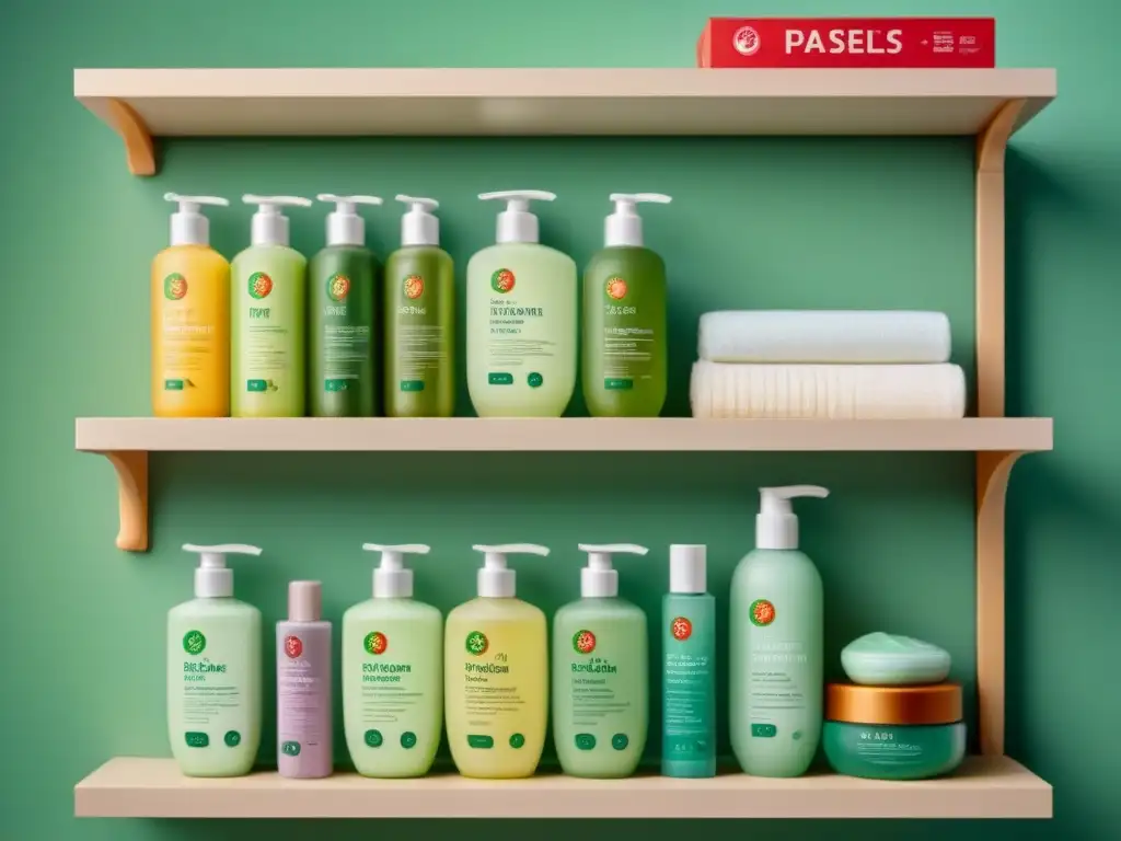 Una variedad de productos de cuidado personal ecológicos en una estantería minimalista