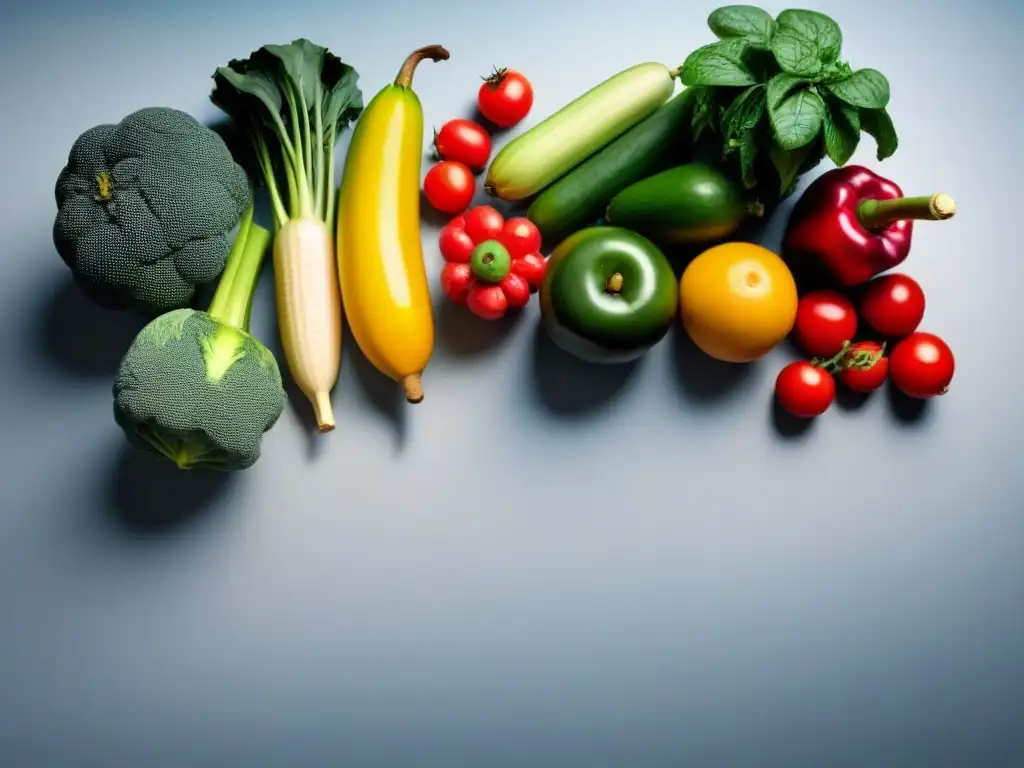 Arreglo vibrante de frutas y verduras en fondo neutro Una variedad de productos frescos y coloridos, organizados de forma armoniosa sobre un fondo neutro