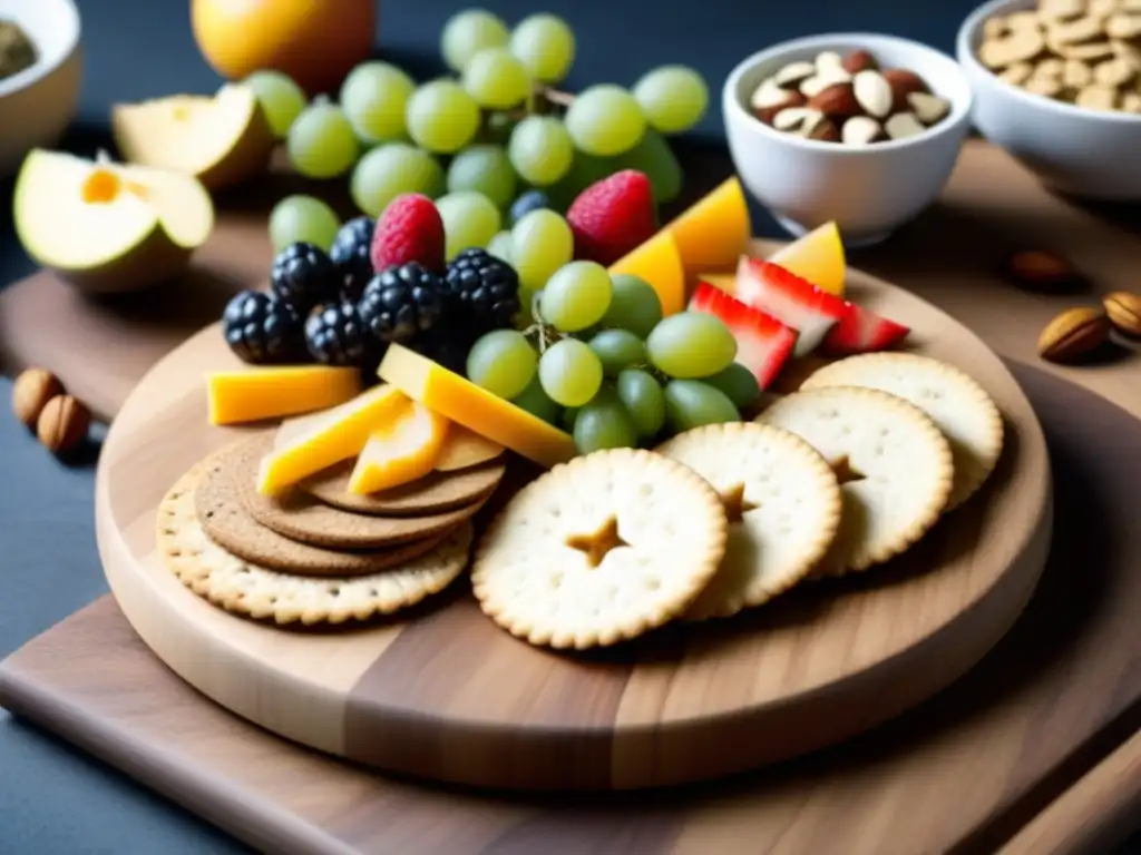 Deliciosos snacks orgánicos en tabla de madera Una variedad de snacks ecológicos saludables día a día, coloridos y frescos, sobre tabla de madera