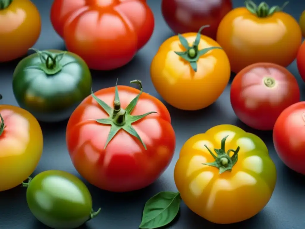 Una variedad de tomates hermosos y vibrantes, destacando la diversidad de alimentos basados en plantas