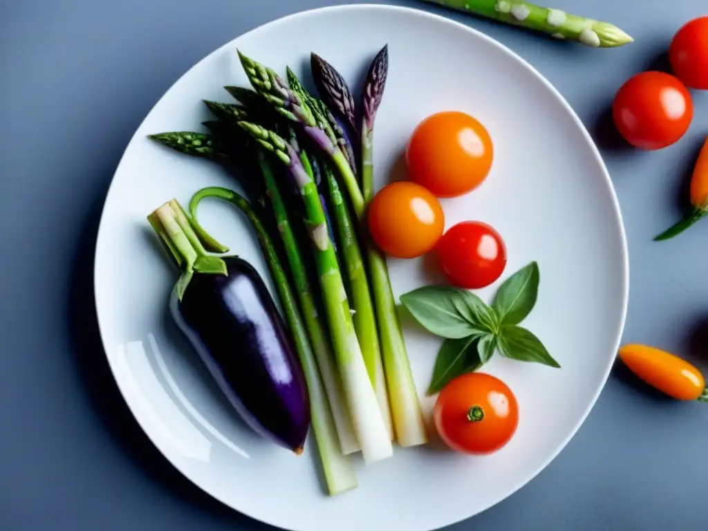 Variedad de vegetales estacionales en plato blanco moderno