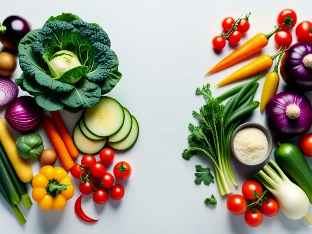 Una variedad vibrante de verduras frescas y coloridas, cortadas artísticamente sobre fondo blanco