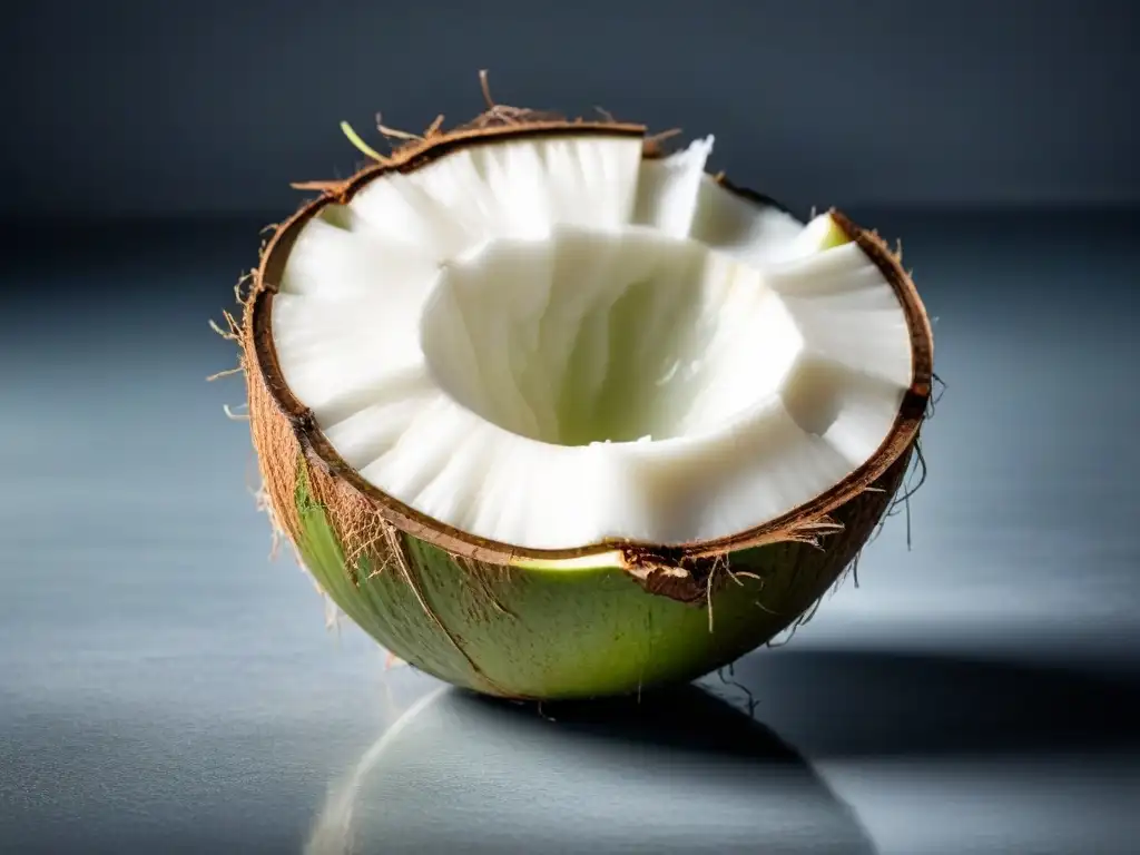 Vaso de agua de coco sostenible con rodaja de coco en borde, fondo blanco elegante