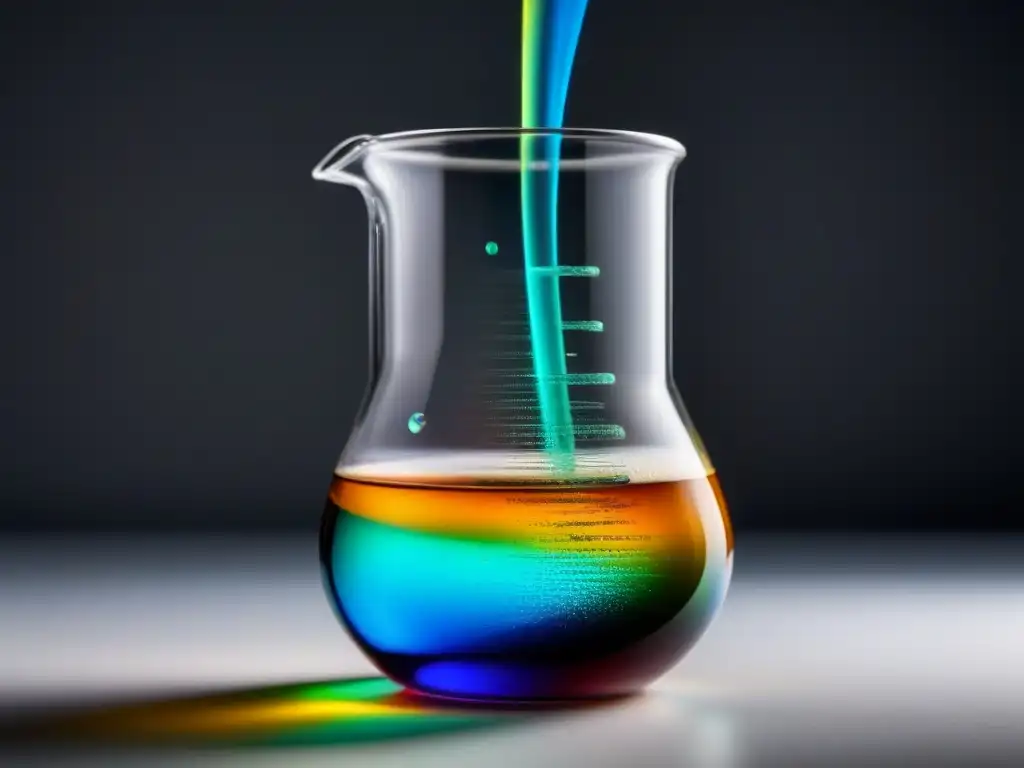 Un vaso de laboratorio con líquido iridiscente, reflejando colores del espectro, sobre superficie blanca