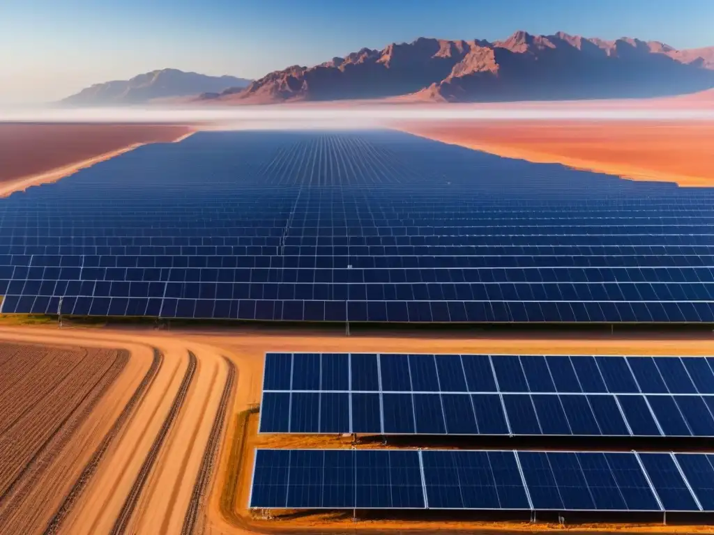 Vasta granja solar en el desierto, paneles brillantes bajo cielo azul