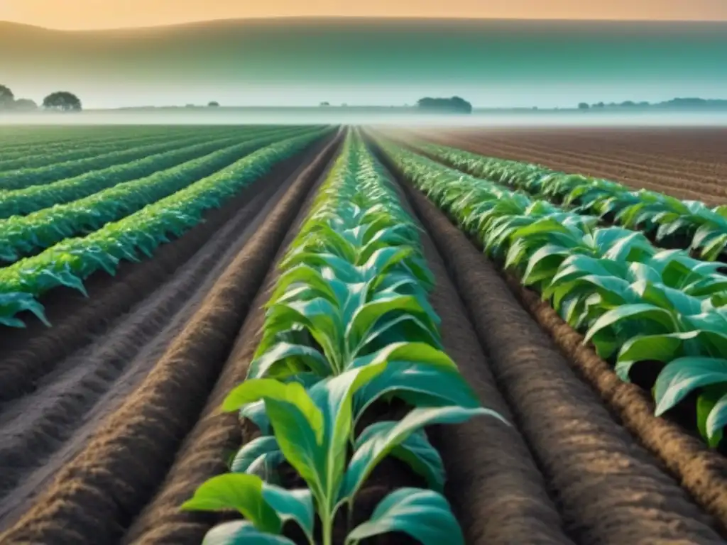 Vasto campo agrícola con filas de cultivos y residuos en erosión, colores serenos