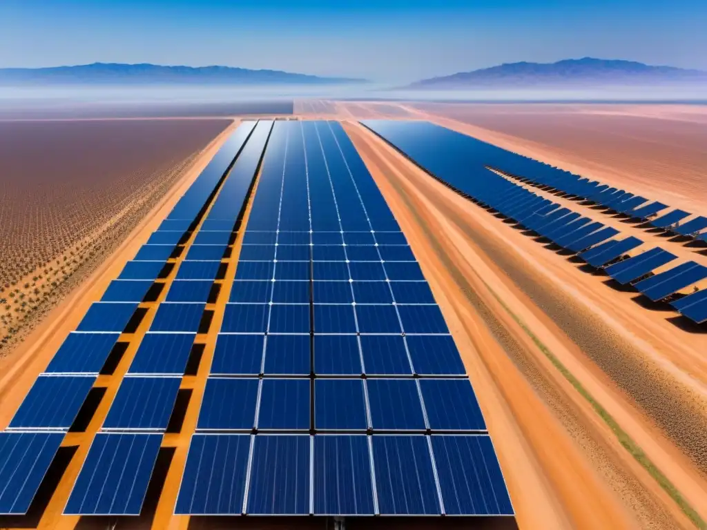 Un vasto campo de paneles solares en un desierto bajo un cielo azul, ilustrando los beneficios de la energía solar en el desarrollo sostenible