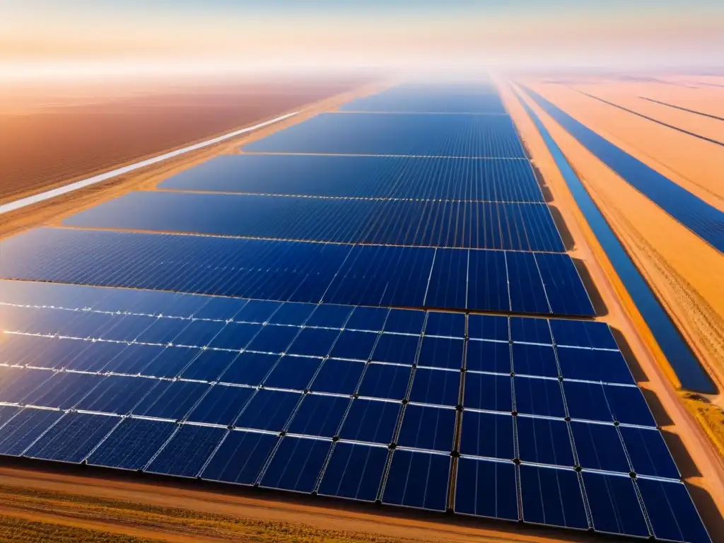 Un vasto campo de paneles solares en el desierto, capturando la luz del sol con precisión