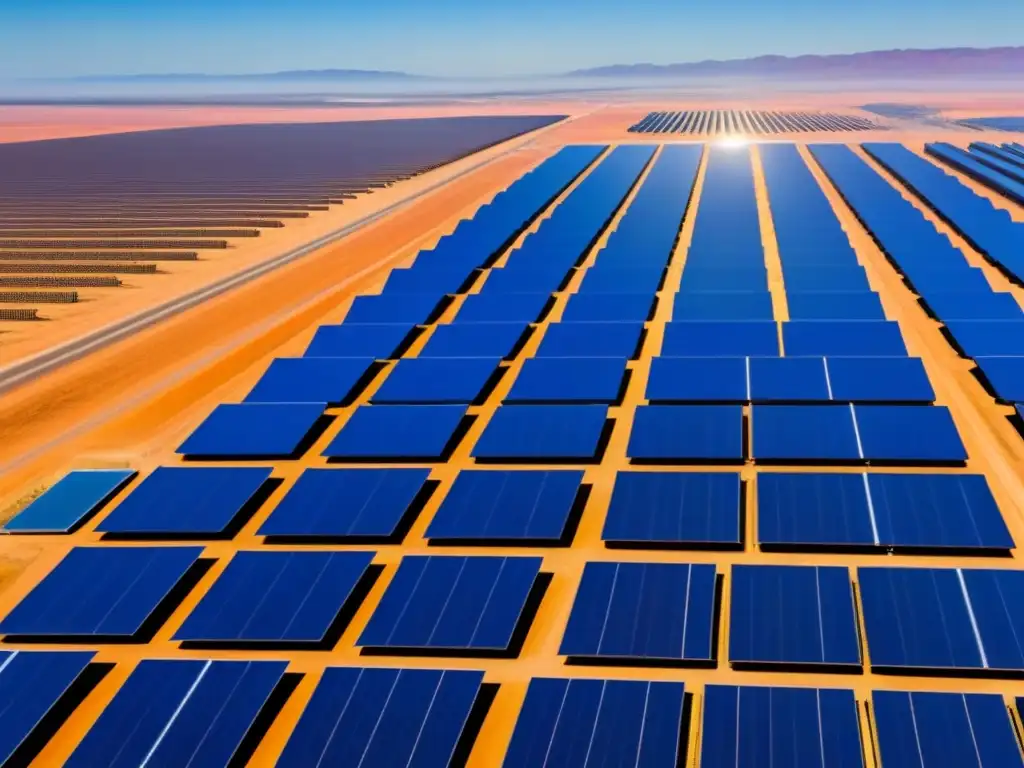 Un vasto campo solar en el desierto bajo un cielo azul, reflejando la eficiencia de las inversiones energías renovables políticas gubernamentales