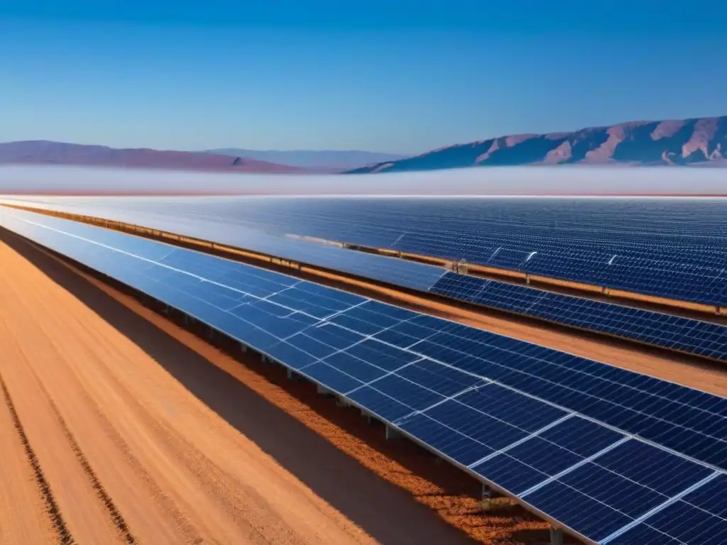 Un vasto campo solar en el desierto bajo un cielo azul, con paneles solares relucientes al sol