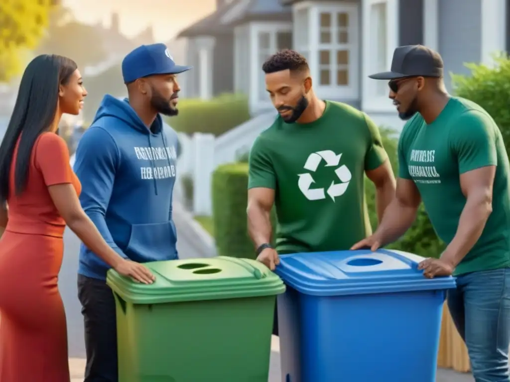 Un vecindario diverso colaborando en sistemas de reciclaje