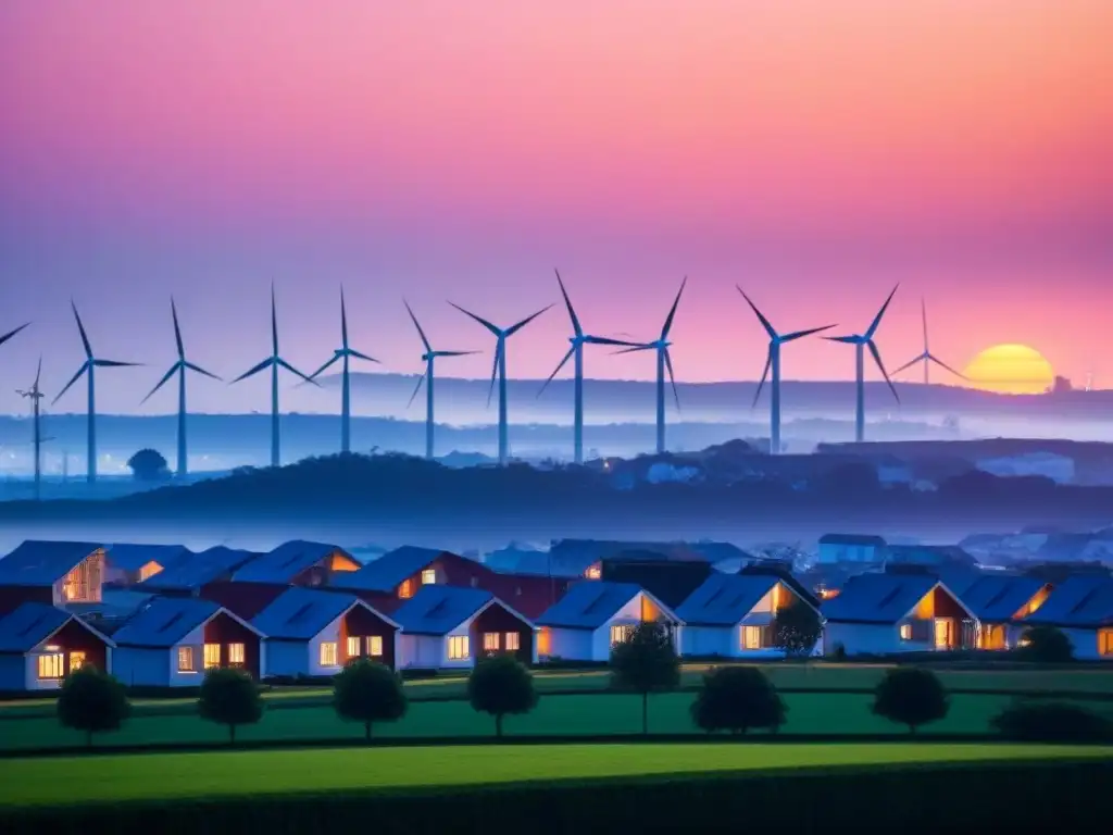 Vecindario moderno con turbinas eólicas domésticas al atardecer, simbolizando sostenibilidad