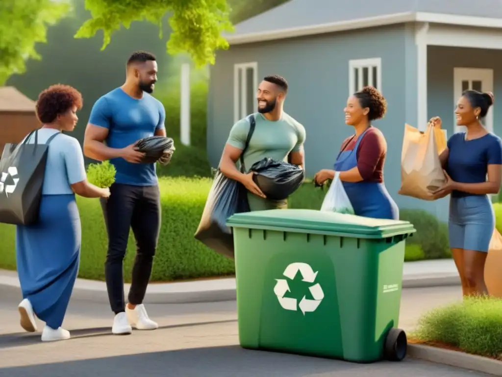 Vecindario unido en actividades de reciclaje, reflejando conciencia ambiental