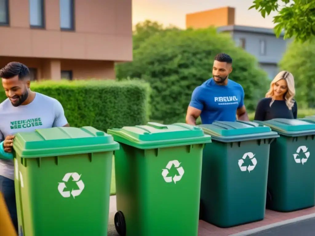 Vecinos colaborando en sistemas de reciclaje en vecindarios, orden y unión en la comunidad