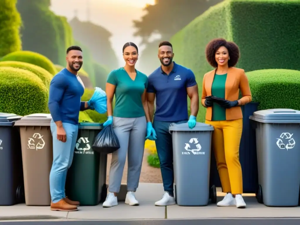 Vecinos sonrientes participan en eventos de limpieza comunitaria en el barrio, frente a contenedores de reciclaje y bolsas de basura