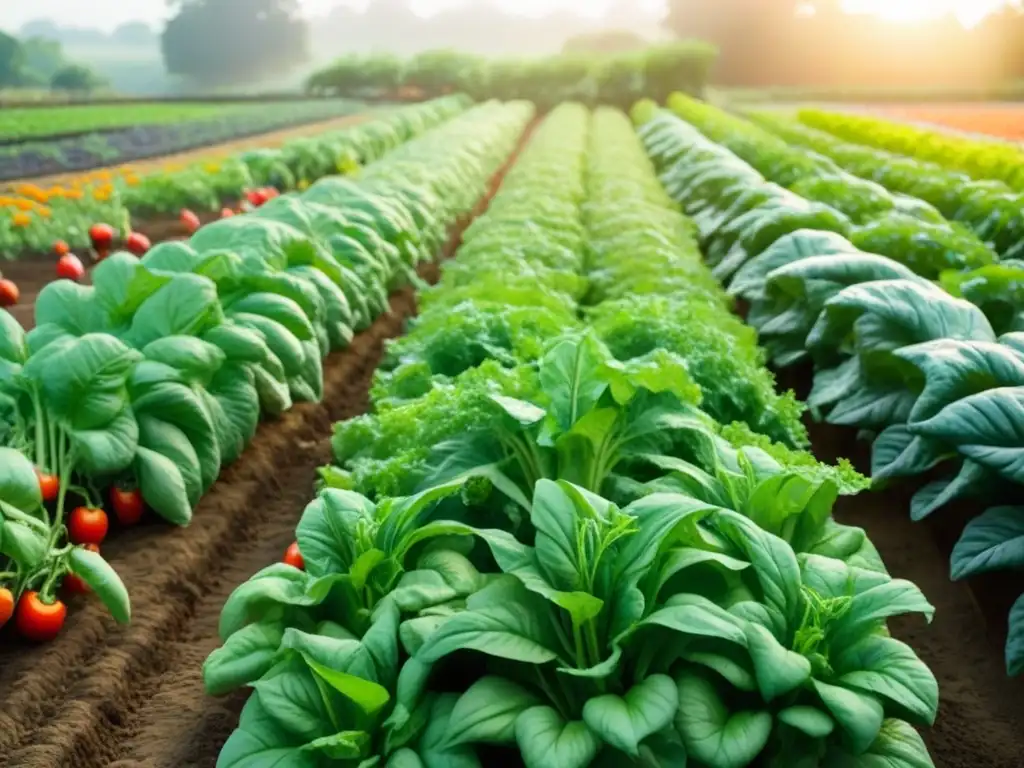 Un jardín de vegetales vibrante y detallado, con tomates, pimientos, zanahorias y lechugas