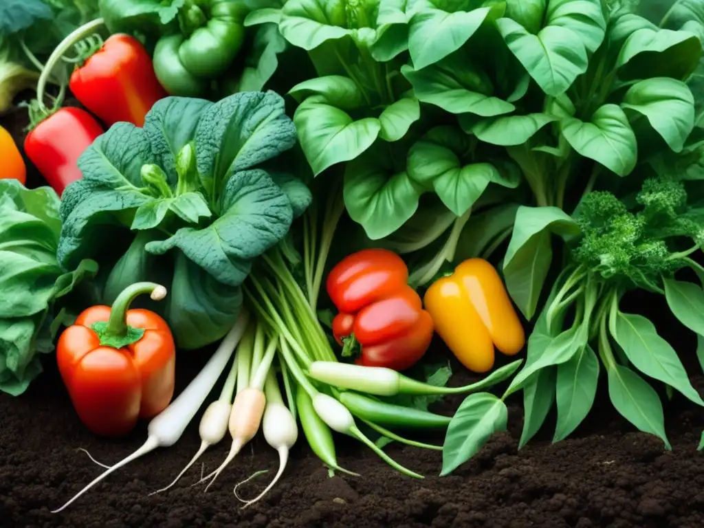 Un jardín de vegetales vibrante con tomates, zanahorias y pimientos, reflejando frescura y salud