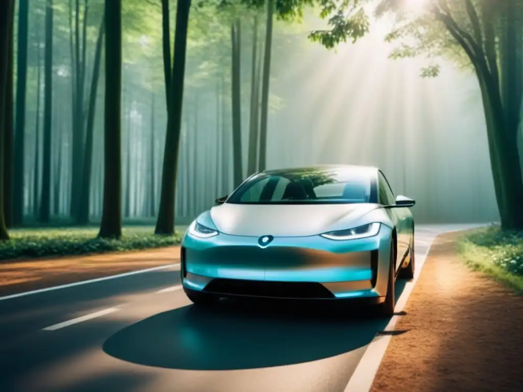 Vehículo eléctrico ecofriendly en bosque sereno Vehículo eléctrico ecofriendly en un bosque verde, reflejando beneficios vehículos eléctricos huella carbono