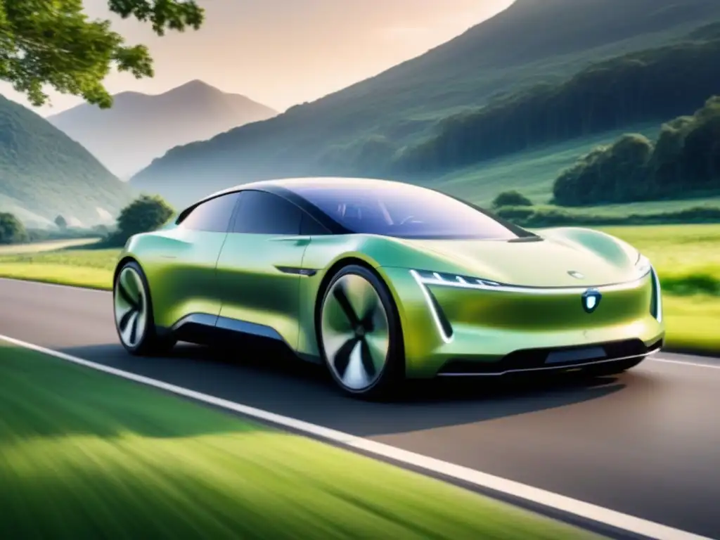 Vehículo eléctrico futurista con inteligencia artificial en paisaje verde sereno