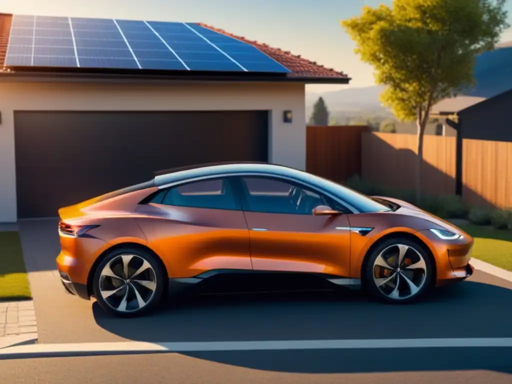 Vehículo eléctrico moderno en driveway con paneles solares, reflejando sostenibilidad y beneficios paneles solares vehículos eléctricos