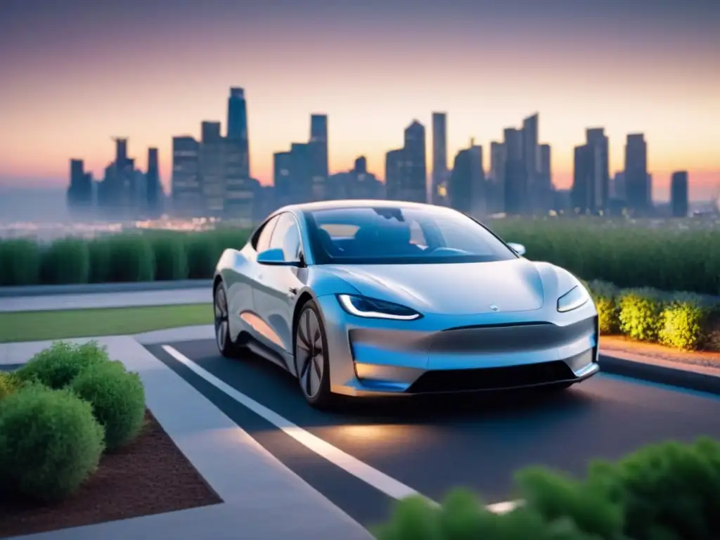 Vehículo eléctrico moderno cargando en la ciudad al atardecer Vehículo eléctrico moderno cargando en estación, rodeado de plantas, con ciudad al atardecer