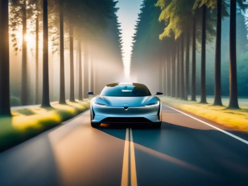 Seductor coche eléctrico en camino arbolado al atardecer Vehículo eléctrico moderno surcando silencioso un camino arbolado al atardecer, reduciendo la huella de carbono