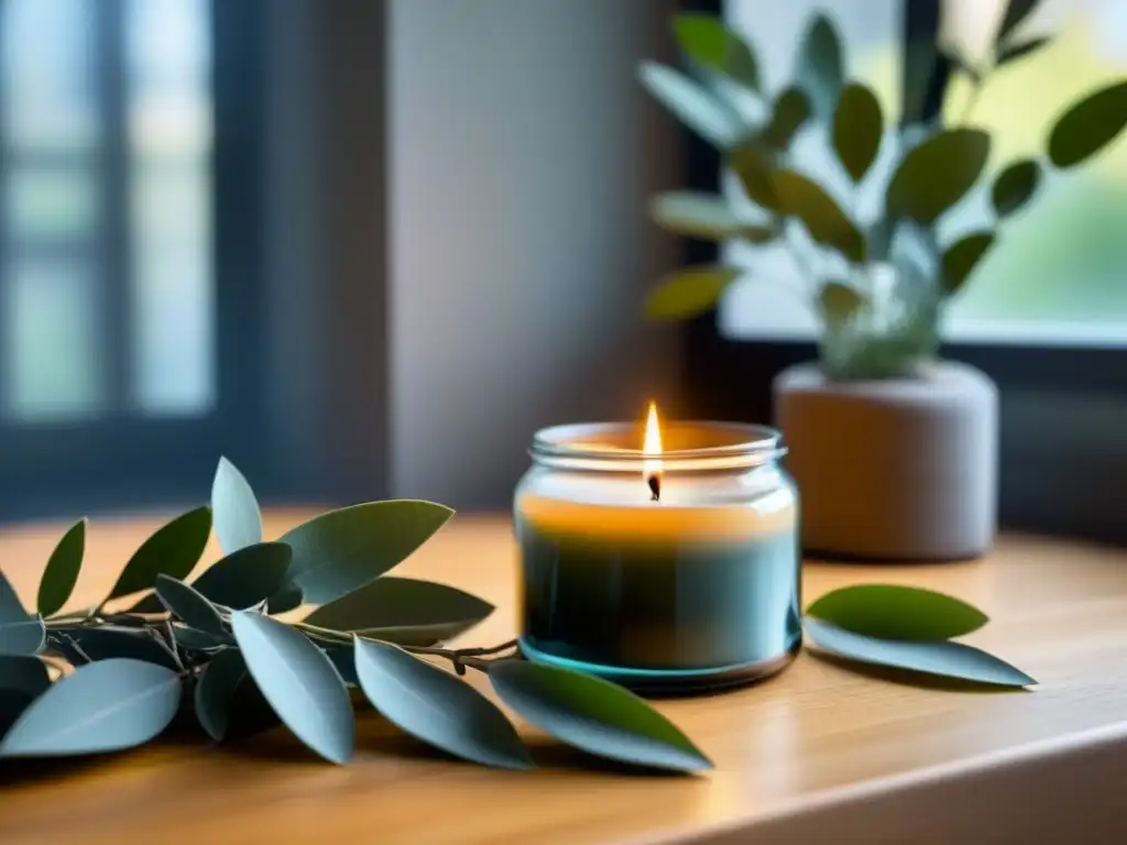 Velas y ambientadores naturales eco: Una vela en frasco de vidrio rodeada de eucalipto y lavanda seca en una mesa de madera clara, iluminada suavemente por la luz natural