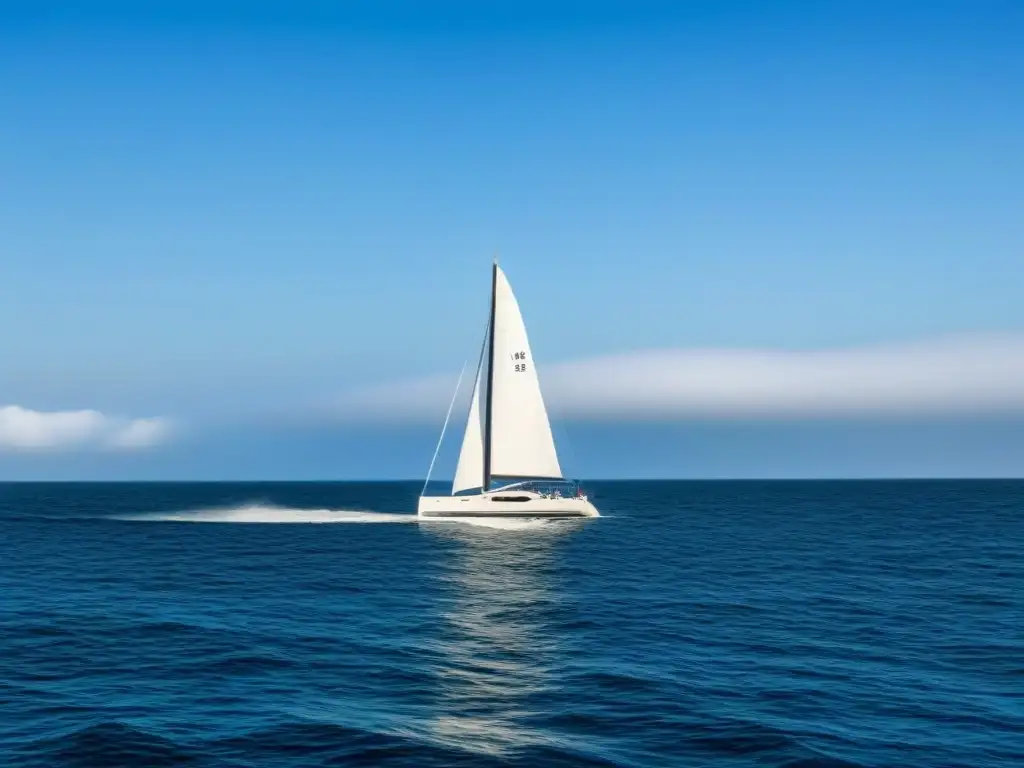 Un velero elegante navega tranquilamente en aguas cristalinas bajo un cielo azul claro, destacando la navegación ecológica en velero