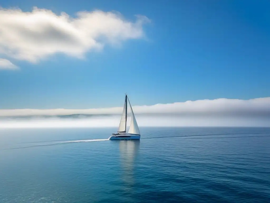 Un velero elegante navegando serenamente en aguas cristalinas bajo un cielo azul, destacando la navegación ecológica en velero