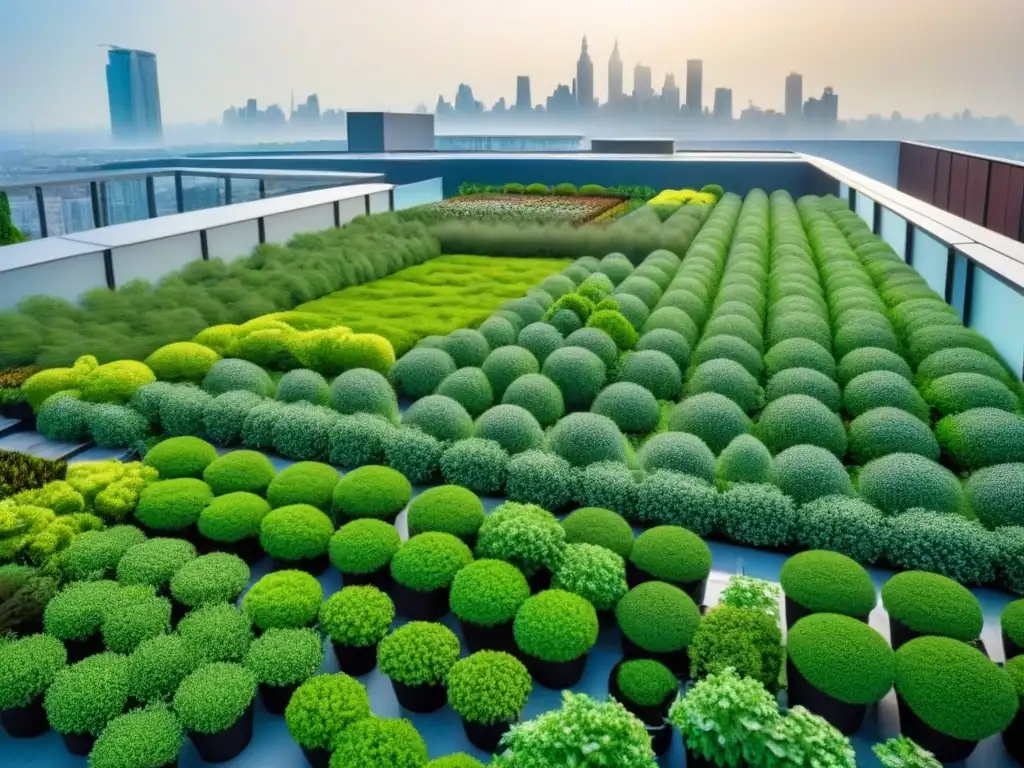 Jardín verde en la azotea de un edificio urbano, muestra la armonía entre naturaleza y ciudad