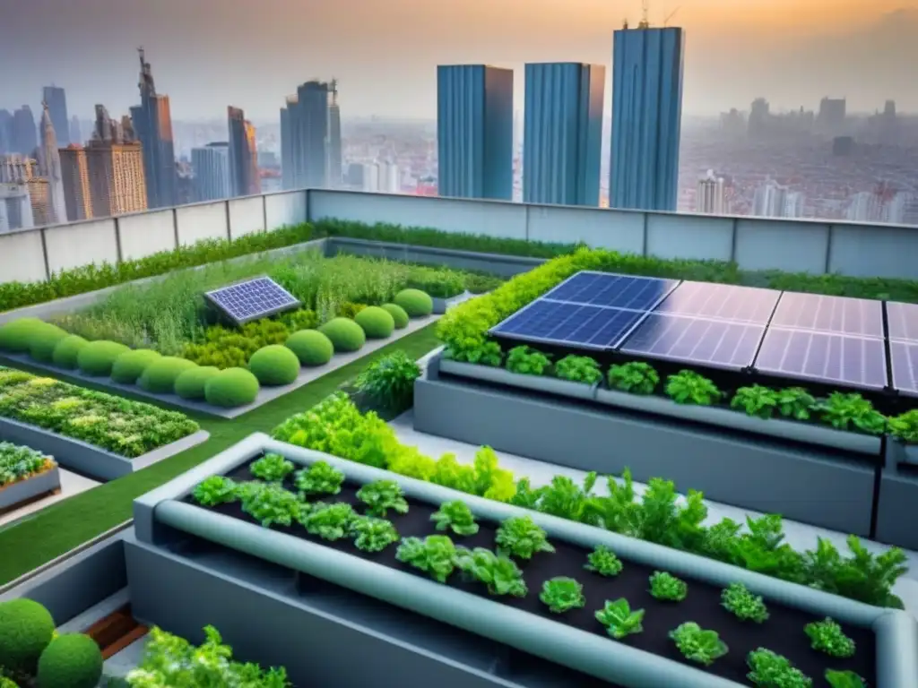 Un jardín verde en la azotea de un rascacielos, con paneles solares y sistemas de recolección de agua, contrastando con la ciudad y las olas de calor