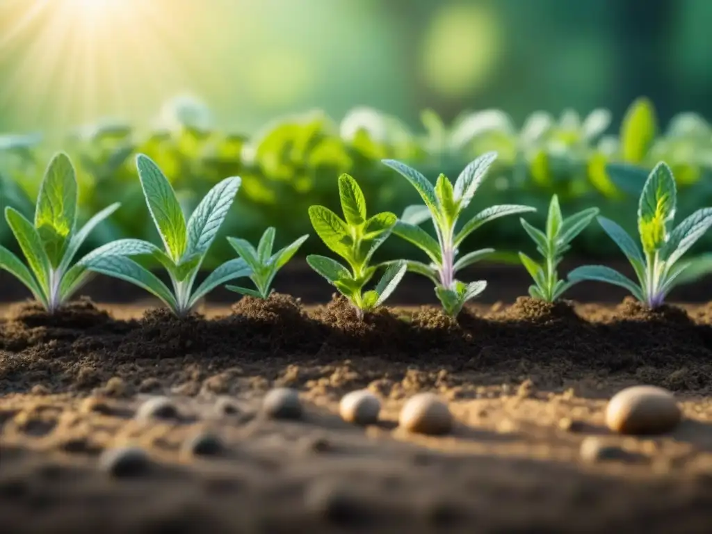 Un jardín verde exuberante con hierbas como menta, salvia y tomillo, bañado por la luz del sol