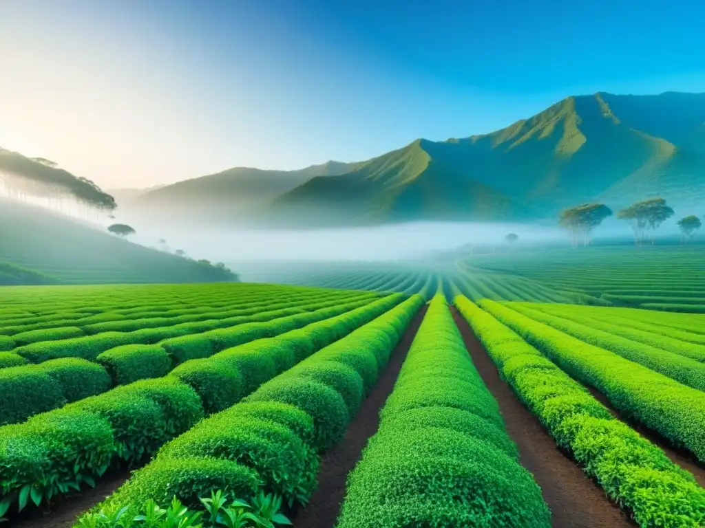 Plantación de té verde con filas ordenadas de arbustos bajo cielo azul