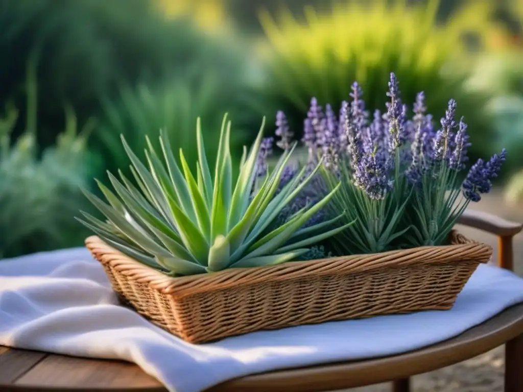 Jardín verde con ingredientes naturales organizados en cestas, ideal para recetas cosmética verde casera