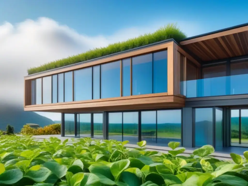 Construcción verde de materiales sostenibles en un edificio futurista ecoamigable con paneles solares y techo vivo, rodeado de vegetación y cielo azul