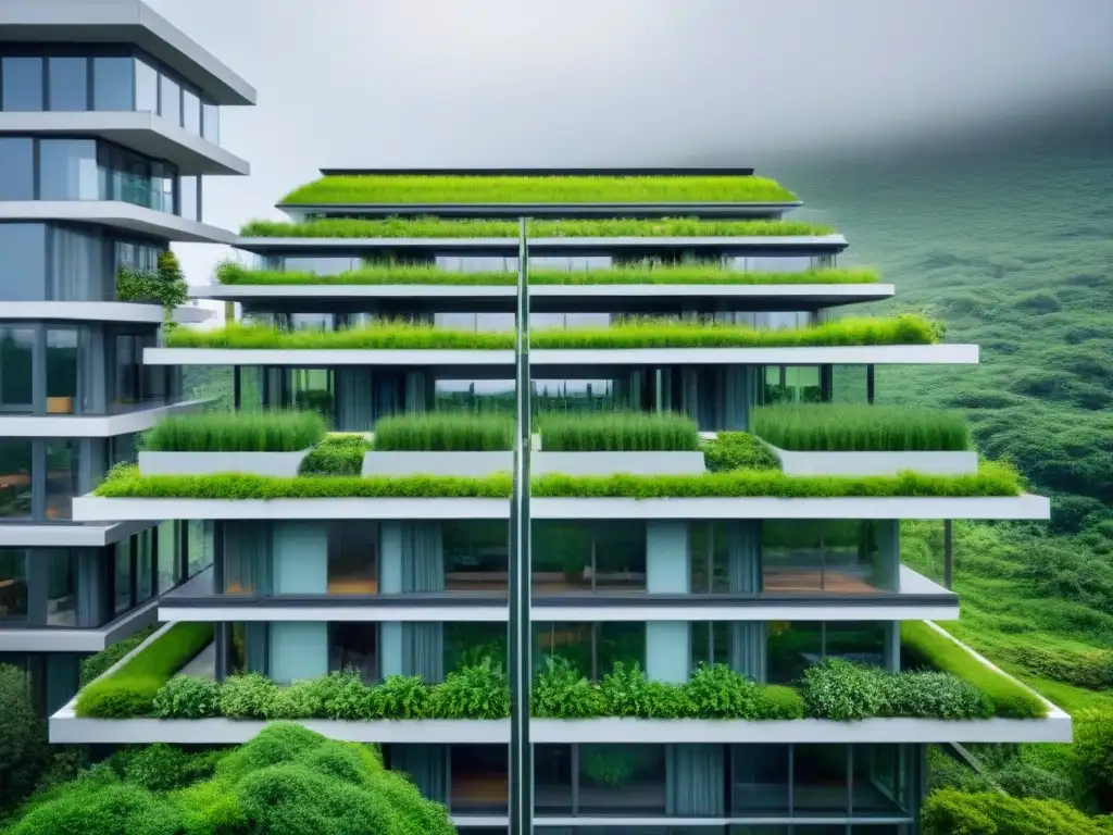 Construcción verde con materiales sostenibles: edificio moderno rodeado de exuberante vegetación