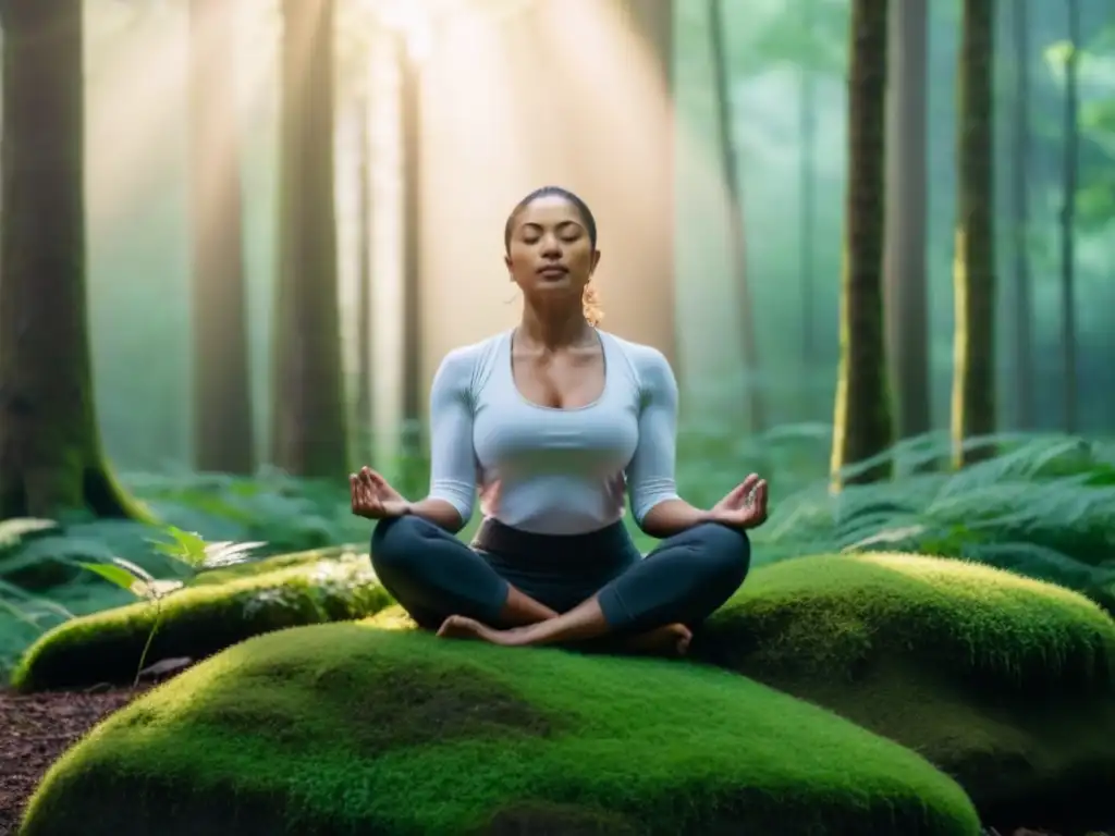 Meditación en bosque verde, persona en equilibrio mental en estilo sostenible