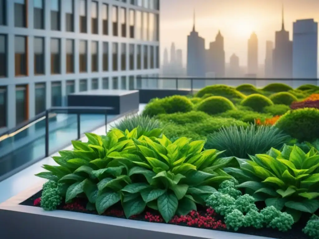 Un jardín de techo verde sostenible con vegetación vibrante, iluminado por el sol