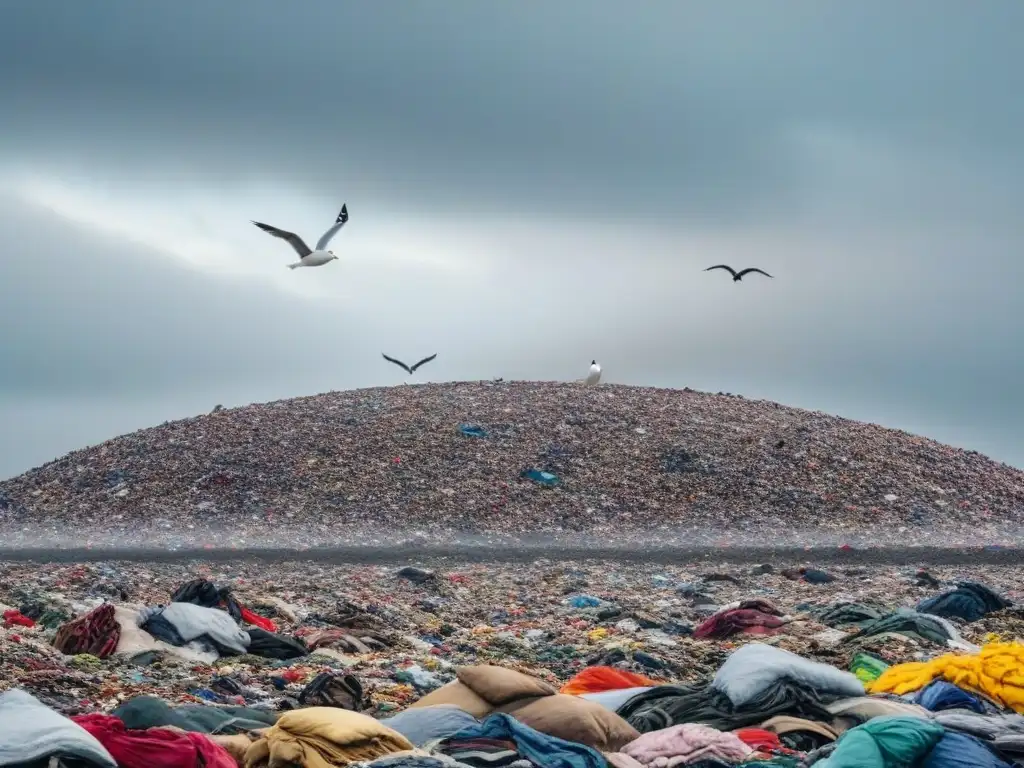 Un vertedero desbordante de textiles abandonados, reflejando el impacto ambiental de la industria moda