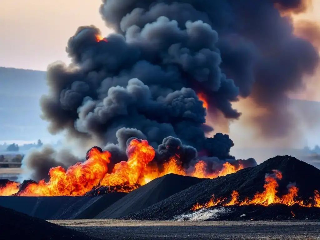 Un vertedero en llamas muestra el impacto ambiental de vertederos nocivos con humo negro y fuego, urgencia y peligro