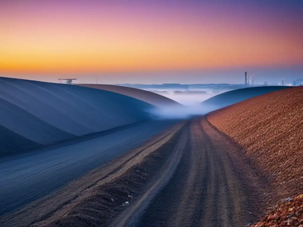 Un vertedero moderno al atardecer, con desechos ordenados y cielo despejado