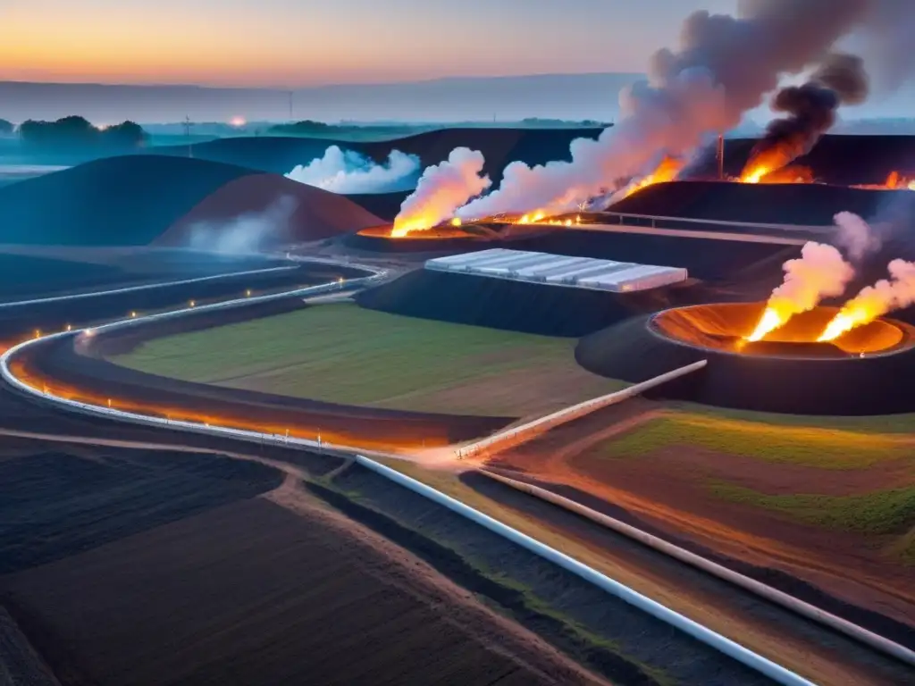 Un vertedero moderno con sistemas de prevención de incendios subterráneos, destacando el impacto ambiental de vertederos nocivos