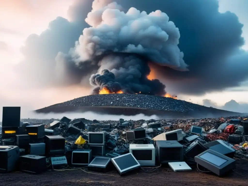 Un vertedero rebosante de desechos electrónicos emitiendo toxinas, con nubes ominosas