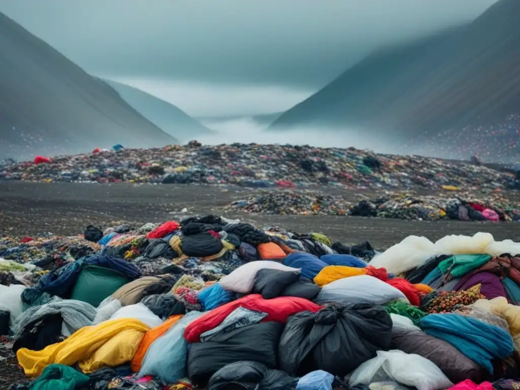 Un vertedero rebosante de ropa desechada de moda rápida, mostrando las consecuencias de la moda rápida en un ambiente sombrío