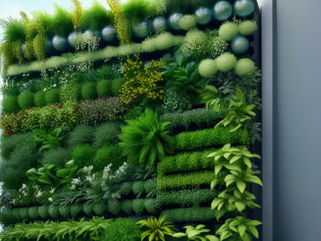 Un jardín vertical exuberante y vibrante hecho con materiales reciclados