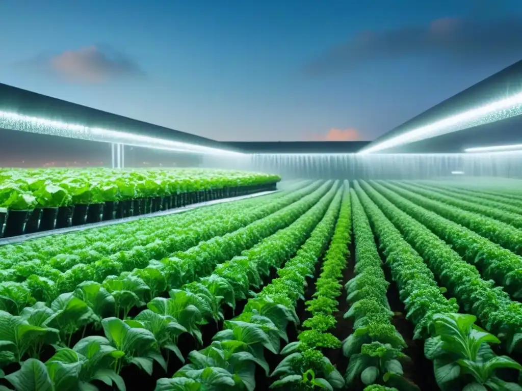 Un jardín vertical futurista en la bulliciosa ciudad, con cultivos verdes bajo luces artificiales